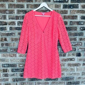 Lilly Pulitzer Coral Lace Crochet V-Neck Lamora Dress Womens Medium
